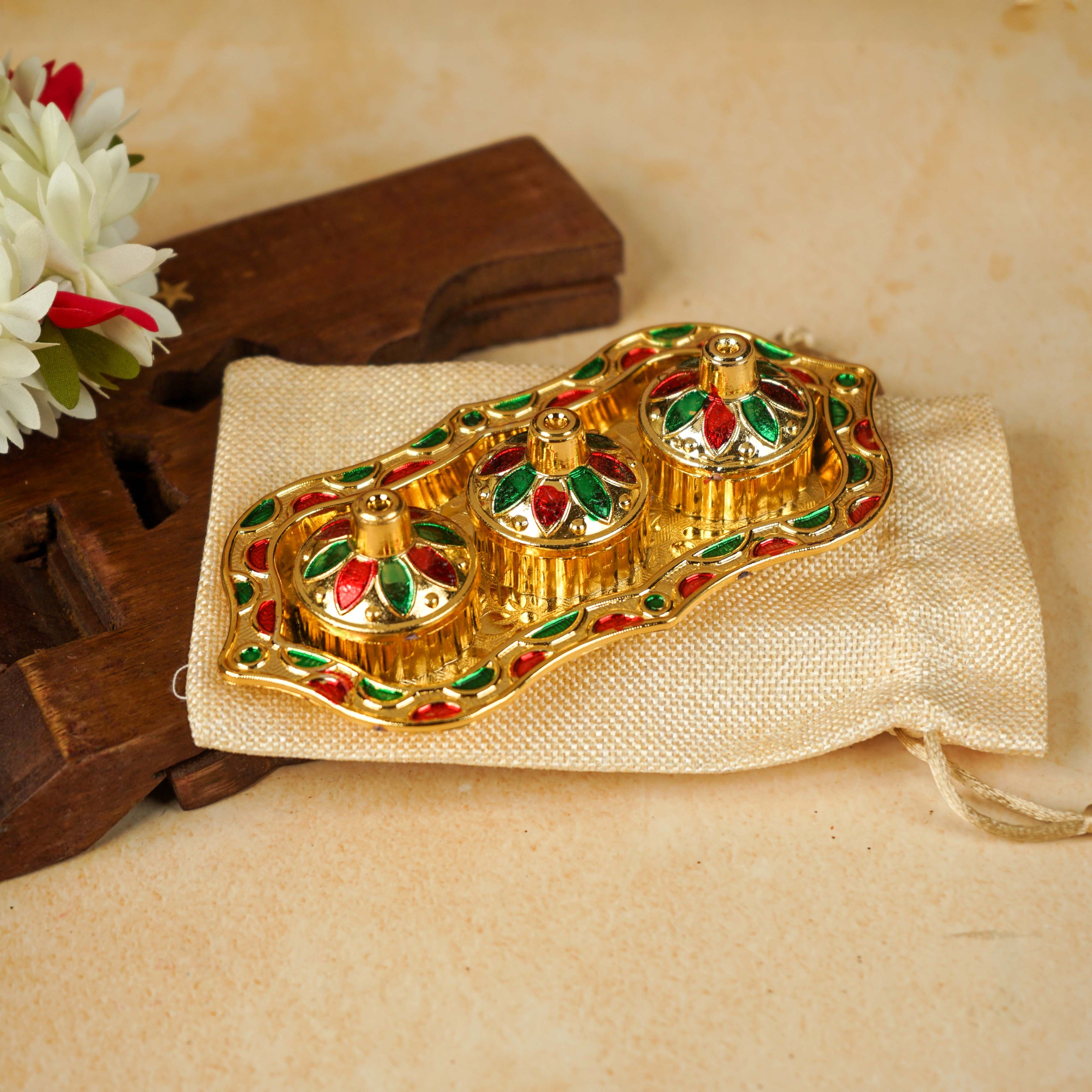 Sri Rudra Fiber Gold Kumkum Haldi Chandan Tray (SR 01962)